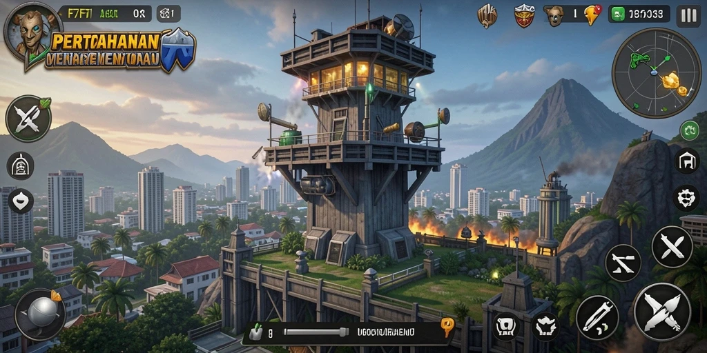 Tampilan aksi intens gameplay F7F7 dalam Tower Defense.