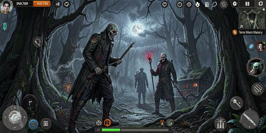 Screenshot gameplay INK789 menunjukkan suasana mencekam dan grafis yang menakutkan.