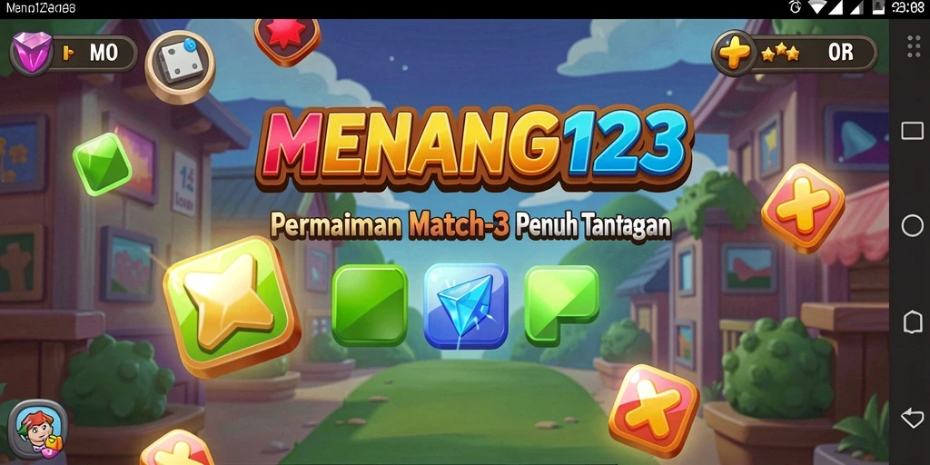 Screenshot MENANG123 menampilkan gameplay seru dengan permata berwarna-warni.