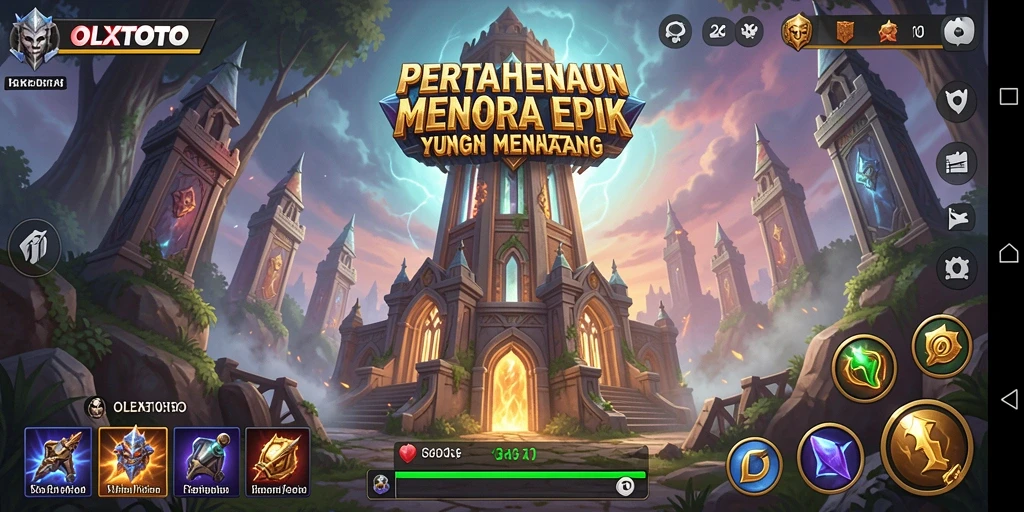 Tampilan gameplay OLXTOTO dengan menara pertahanan yang strategis.