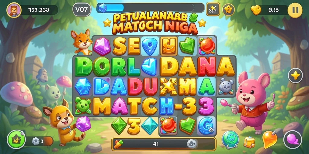 Menampilkan gameplay Match-3 yang seru dan penuh warna.